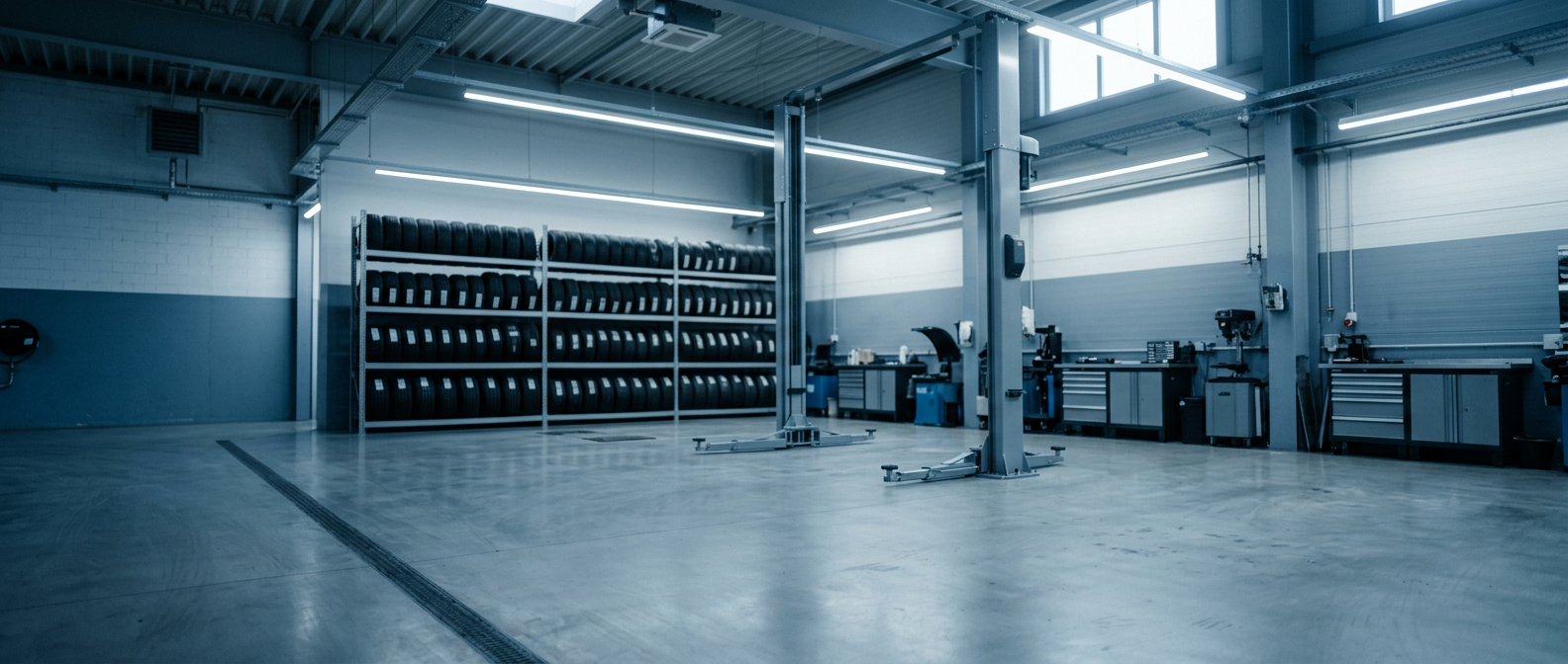 Clean automotive workshop with a car hoist and stacked tyres