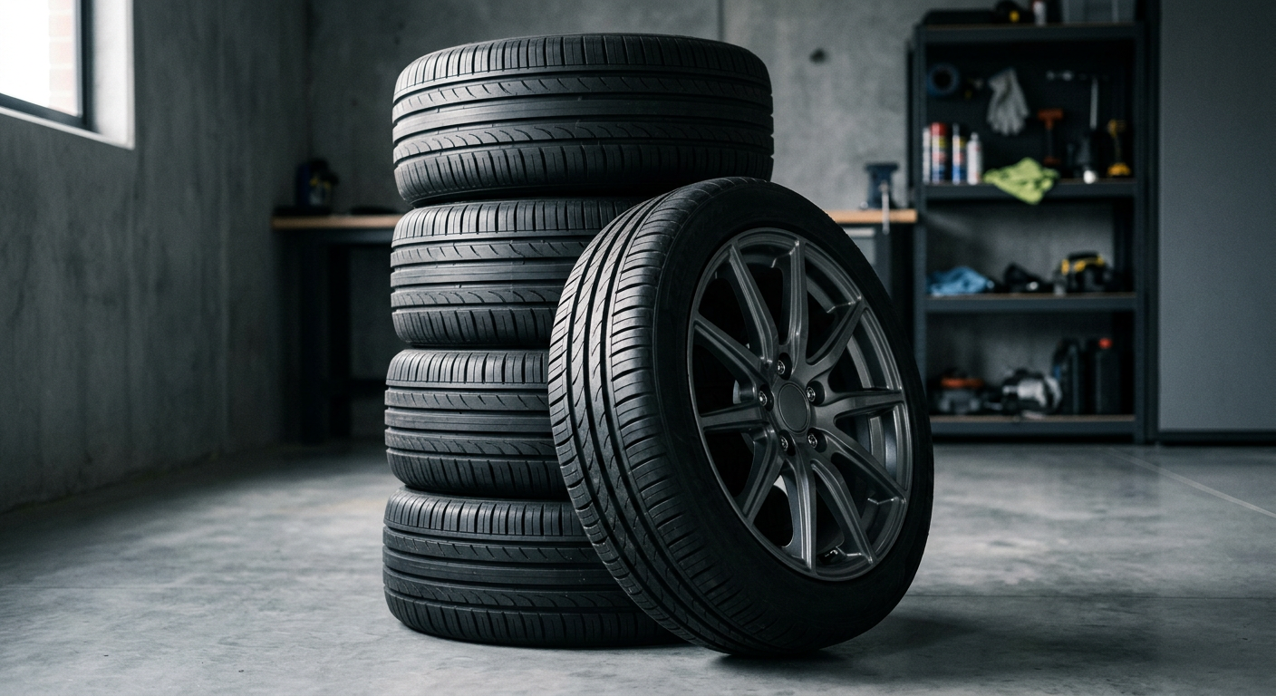 Stack of new car tyres in a tidy garage